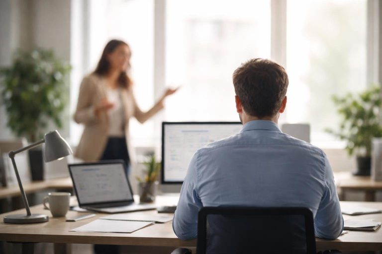 employe-bureau-fenetre-conversation-floue