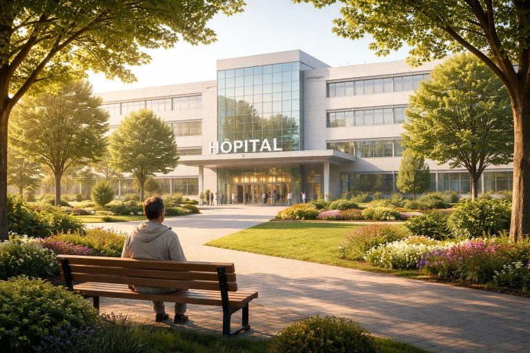 hopital-moderne-jardins-arbres-banc