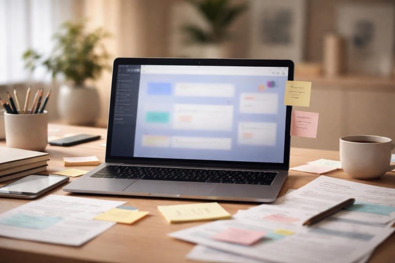 ordinateur-portable-bureau-notes-decor-minimaliste