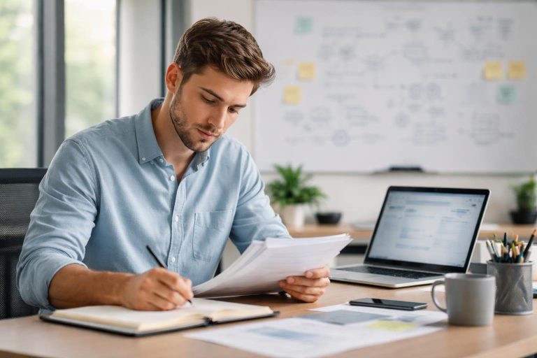jeune-adulte-bureau-documents-notes